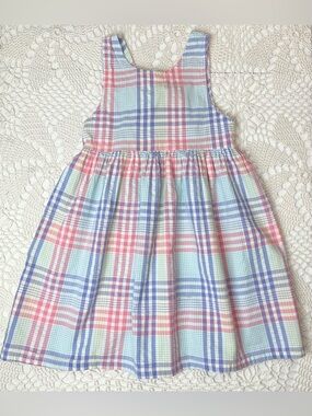 Vintage 1990s Healthtex Girls 6 Years Pastel Plaid Tie Back Jumper Dress